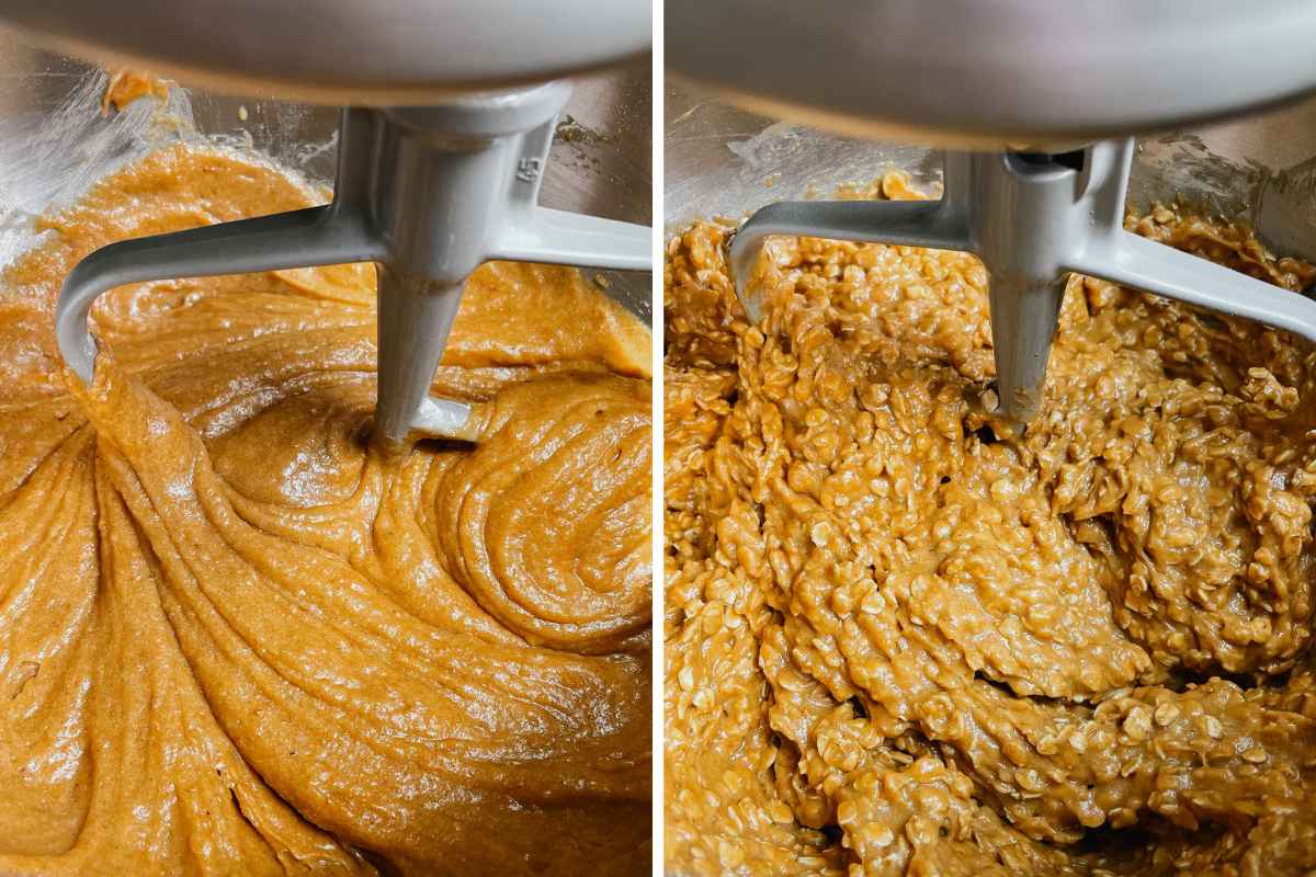 Grid of 2 photos of sourdough pumpkin oatmeal cookie bar batter in metal mixing bowl