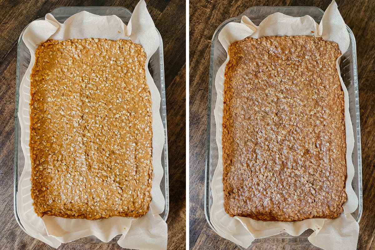 Grid of 2 photos of sourdough pumpkin oatmeal cookie bar batter unbaked and baked in lined glass baking pan