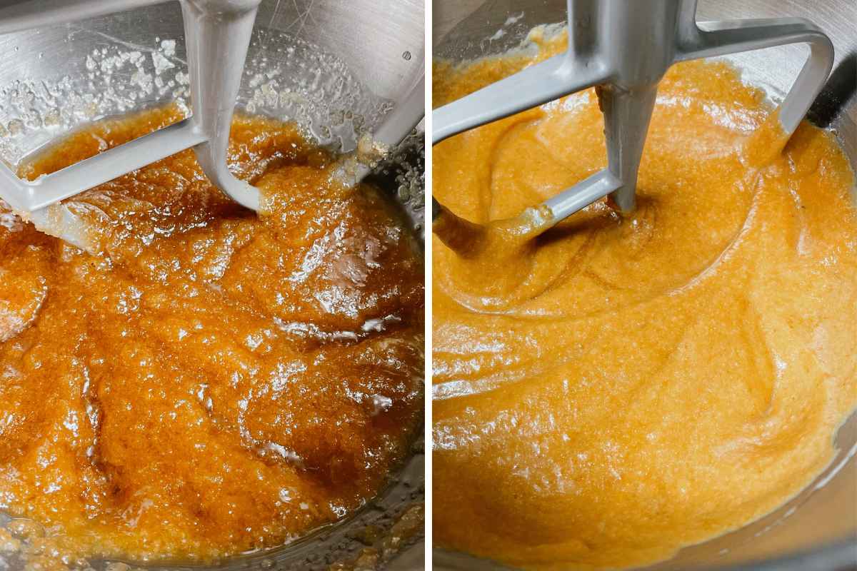 Grid of 2 photos of sourdough pumpkin oatmeal cookie bar batter in metal mixing bowl